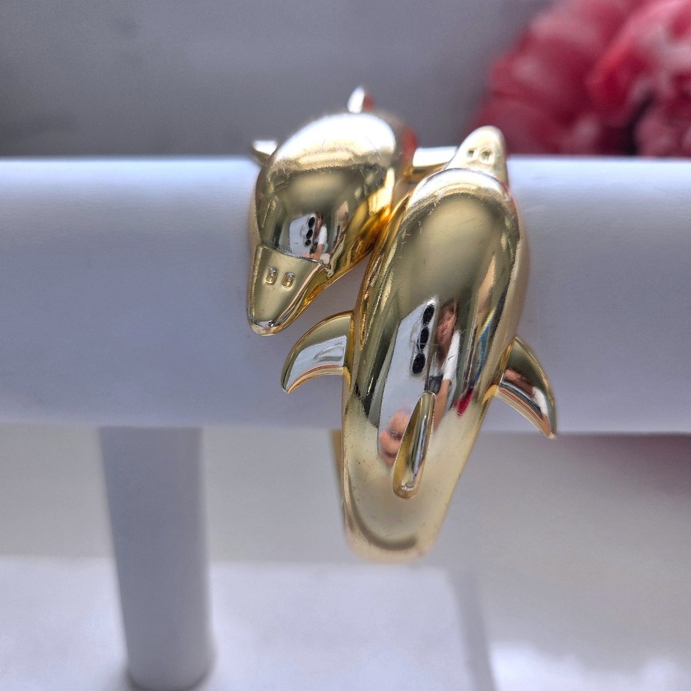 Vintage Gold Tone Double Dolphin Bypass Hinge Bangle Bracelet Coastal Jewelry